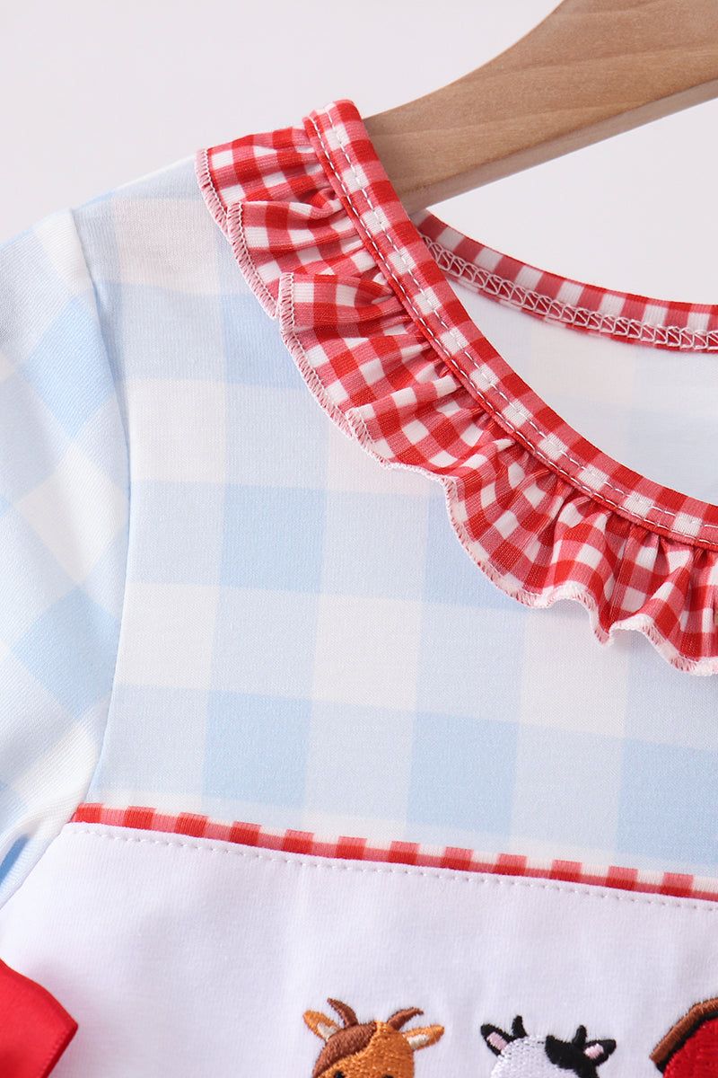 Blue Farm Embroidery Ruffle Gingham Dress