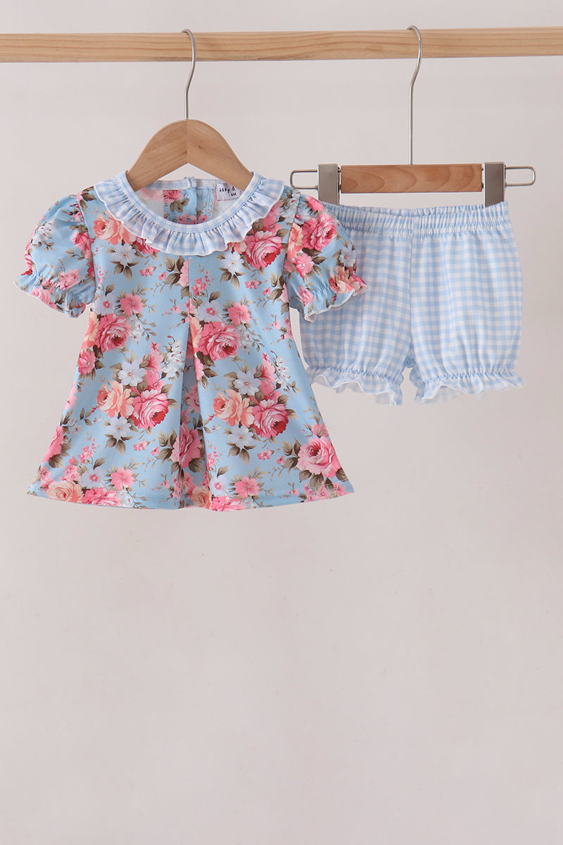 Blue rose floral ruffle bloomer set