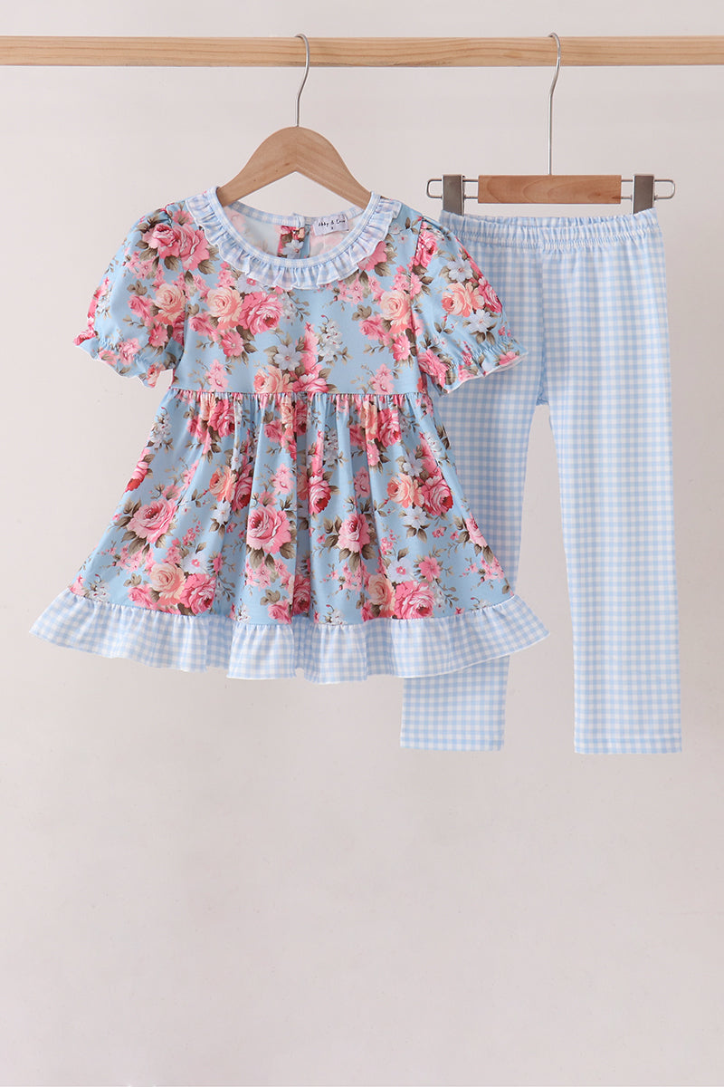 Blue rose floral ruffle pants set