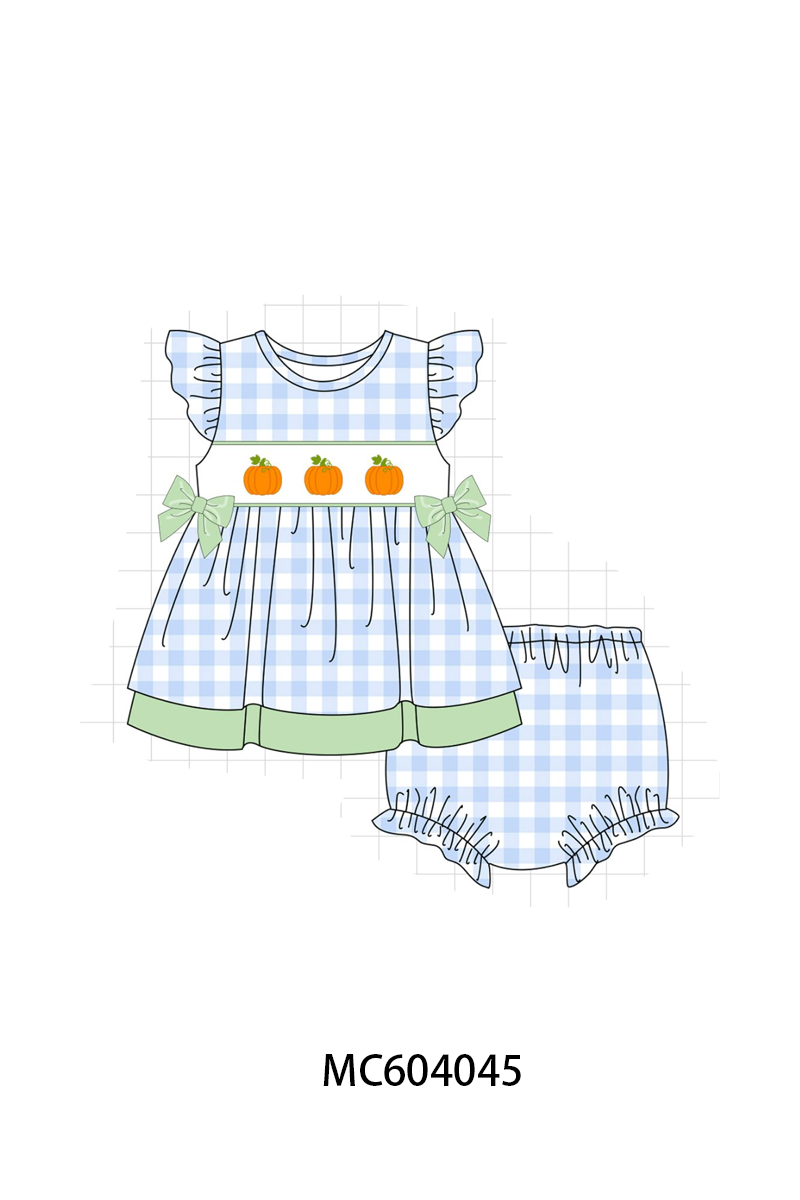 Blue Pumpkin Embroidery Gingham Bloomer set