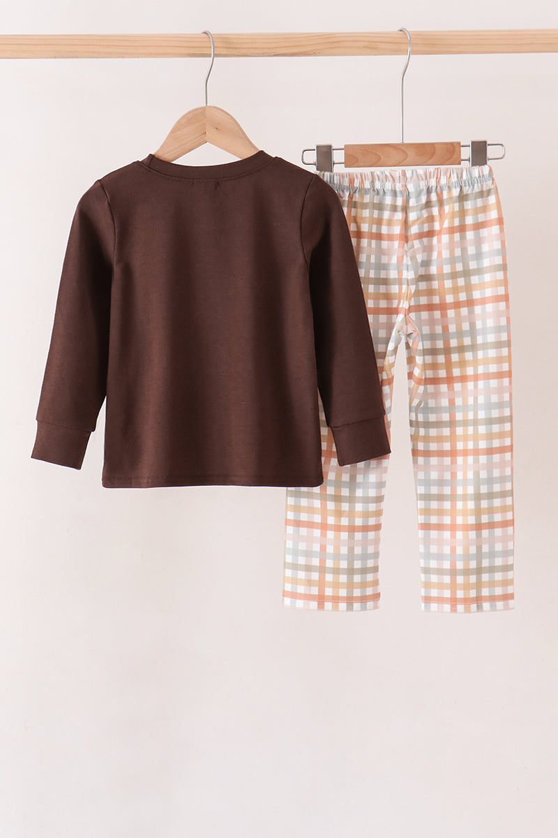 Brown deer applique plaid pants set