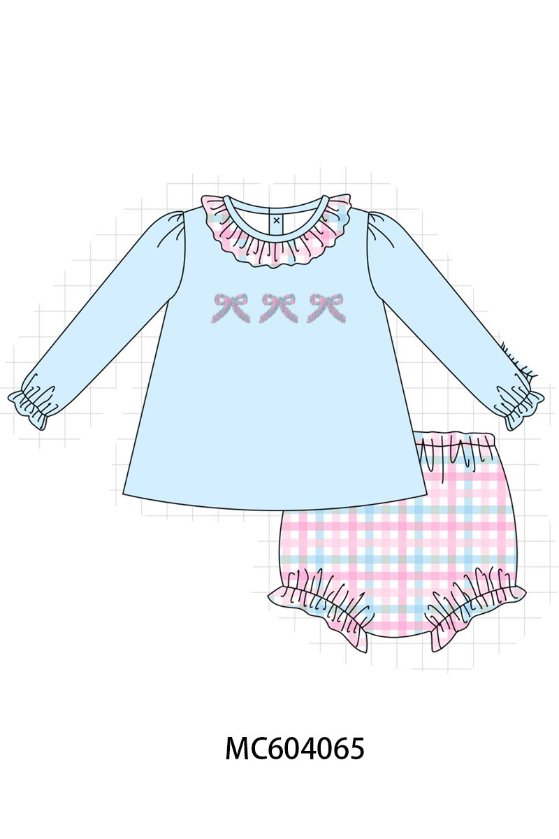 Blue bow french knot ruffle plaid bloomer set