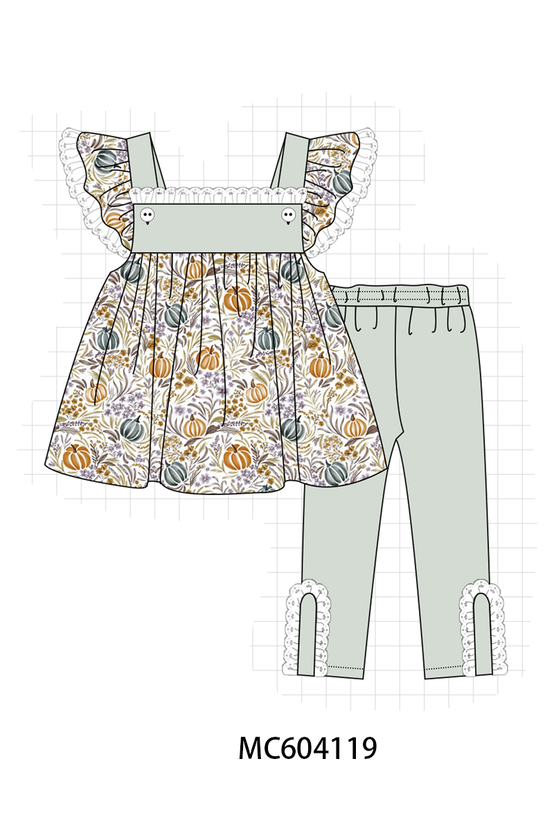 Pumpkin Embroidery Lace Ruffle pants set