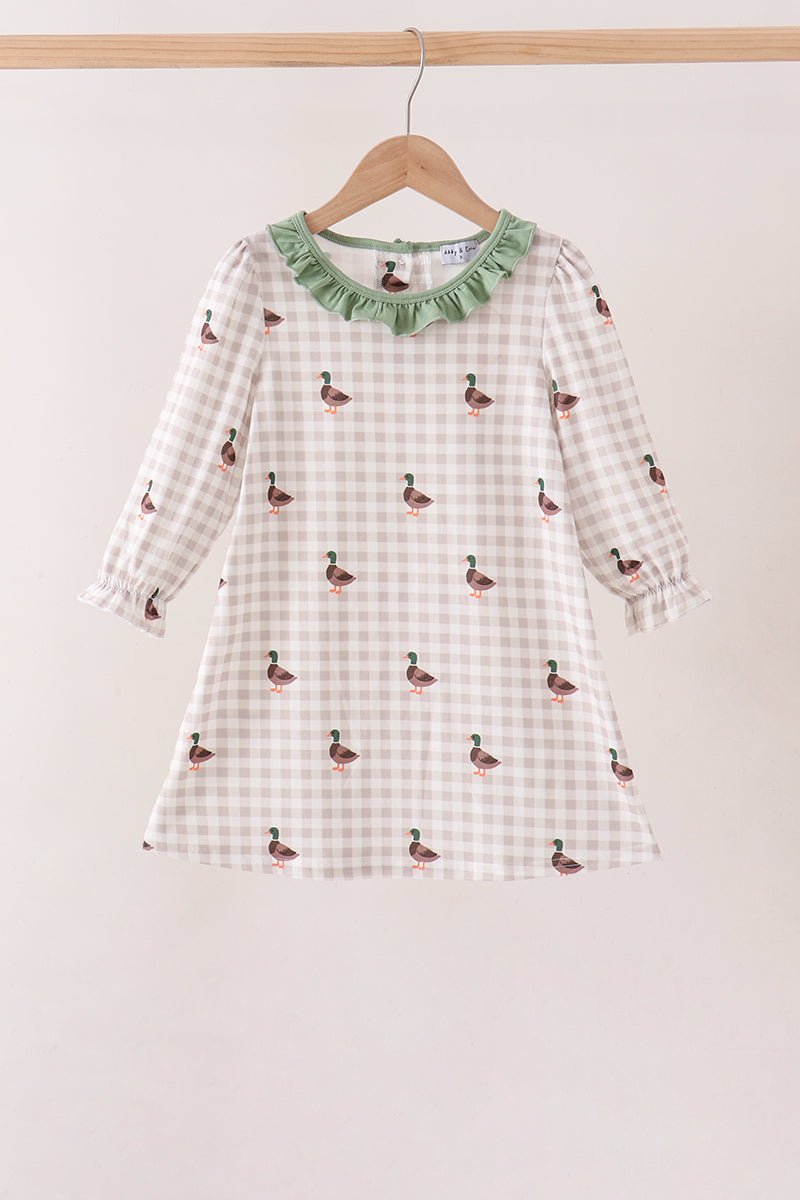 Green Duck Embroidery Gingham Dress