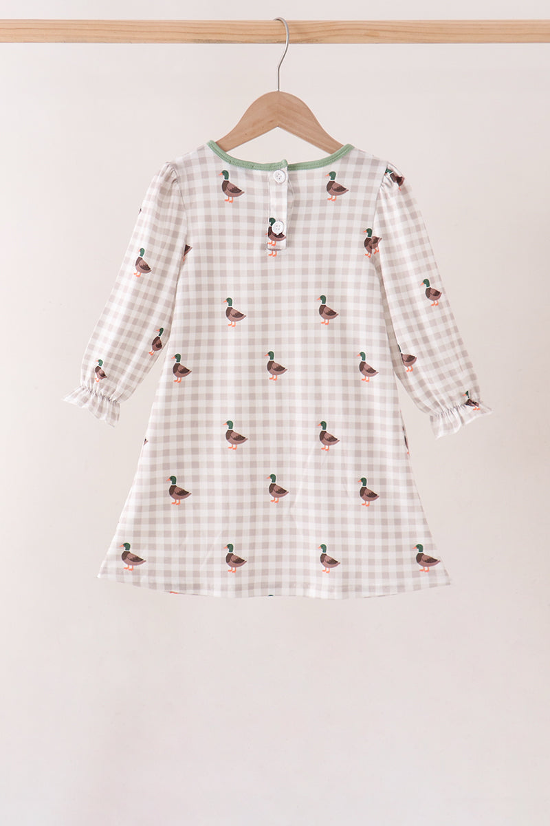 Green Duck Embroidery Gingham Dress