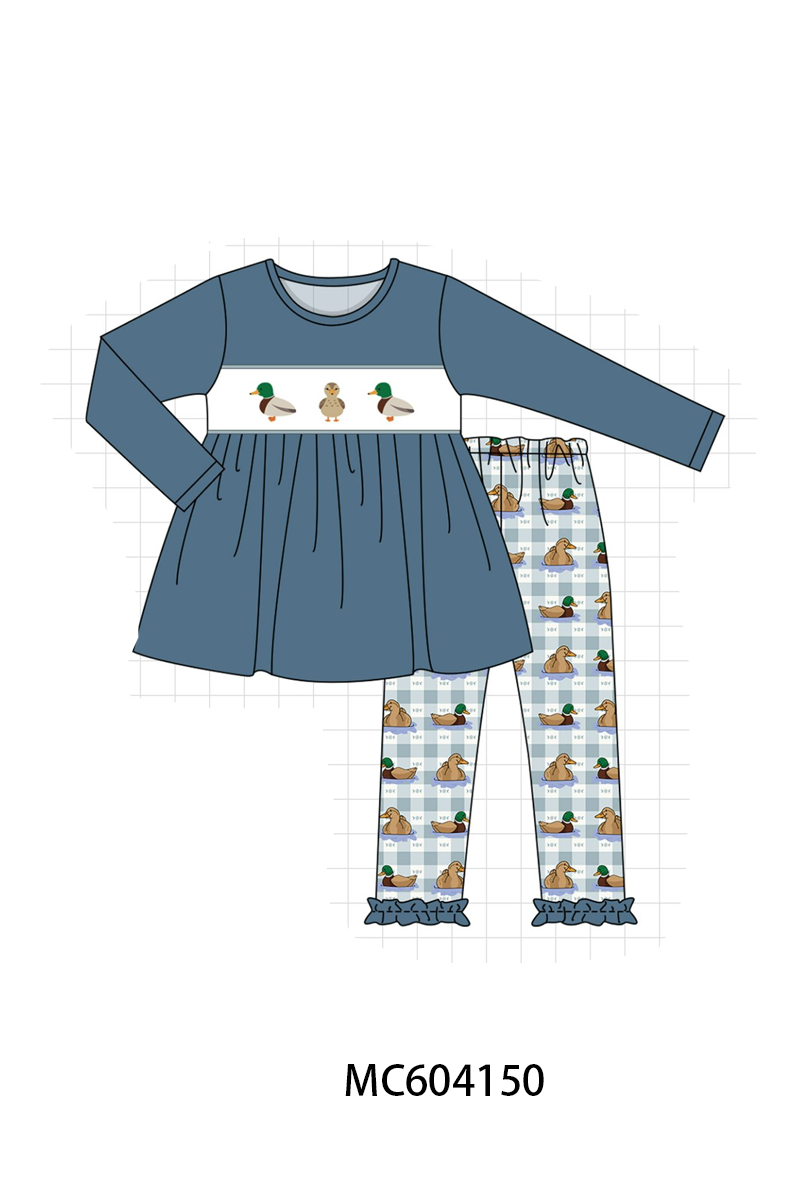 Blue mallard duck embroidery ruffle pants set