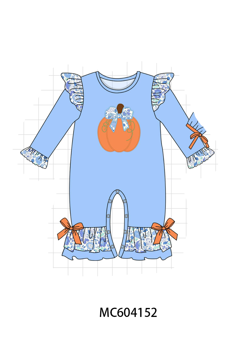 Blue pumpkin applique ruffle romper