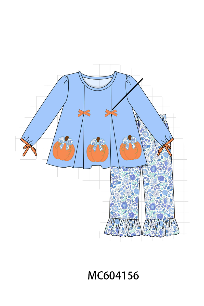Blue pumpkin applique ruffle pants set