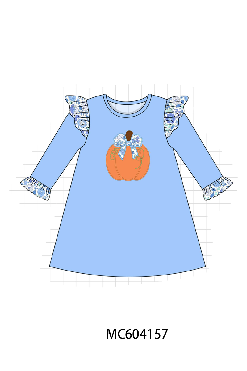 Blue pumpkin applique ruffle dress