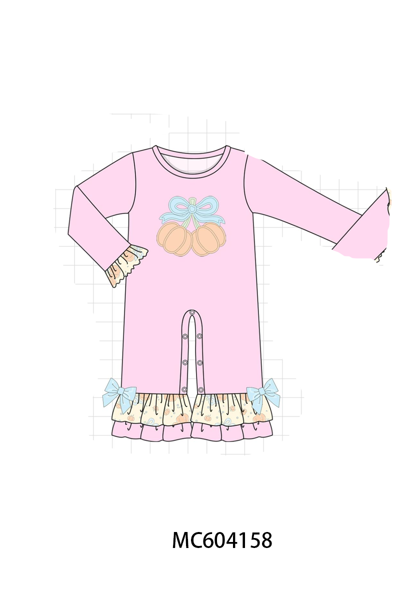 Pink bow pumpkin ruffle romper