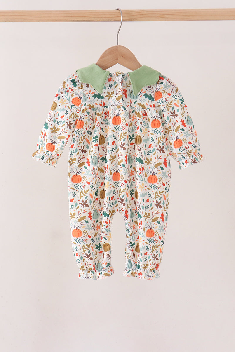 Fall pumpkin embroidery leaves romper