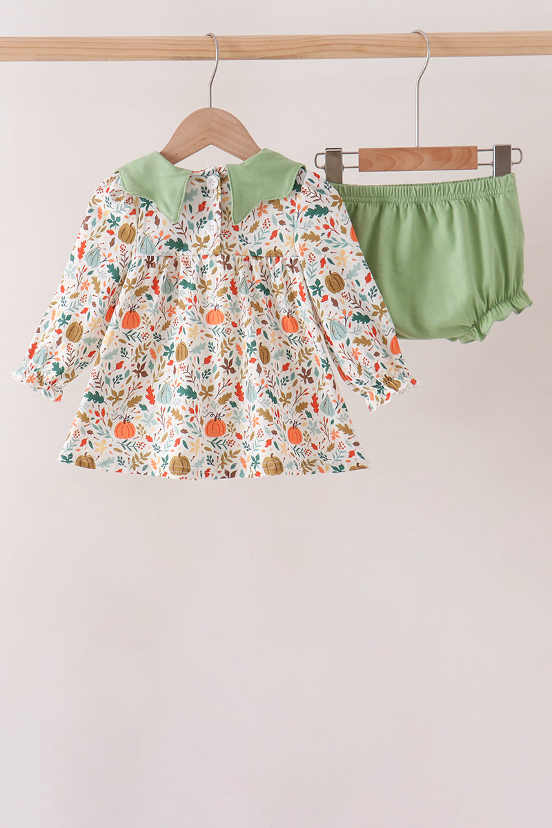 Fall pumpkin embroidery leaves bloomer set