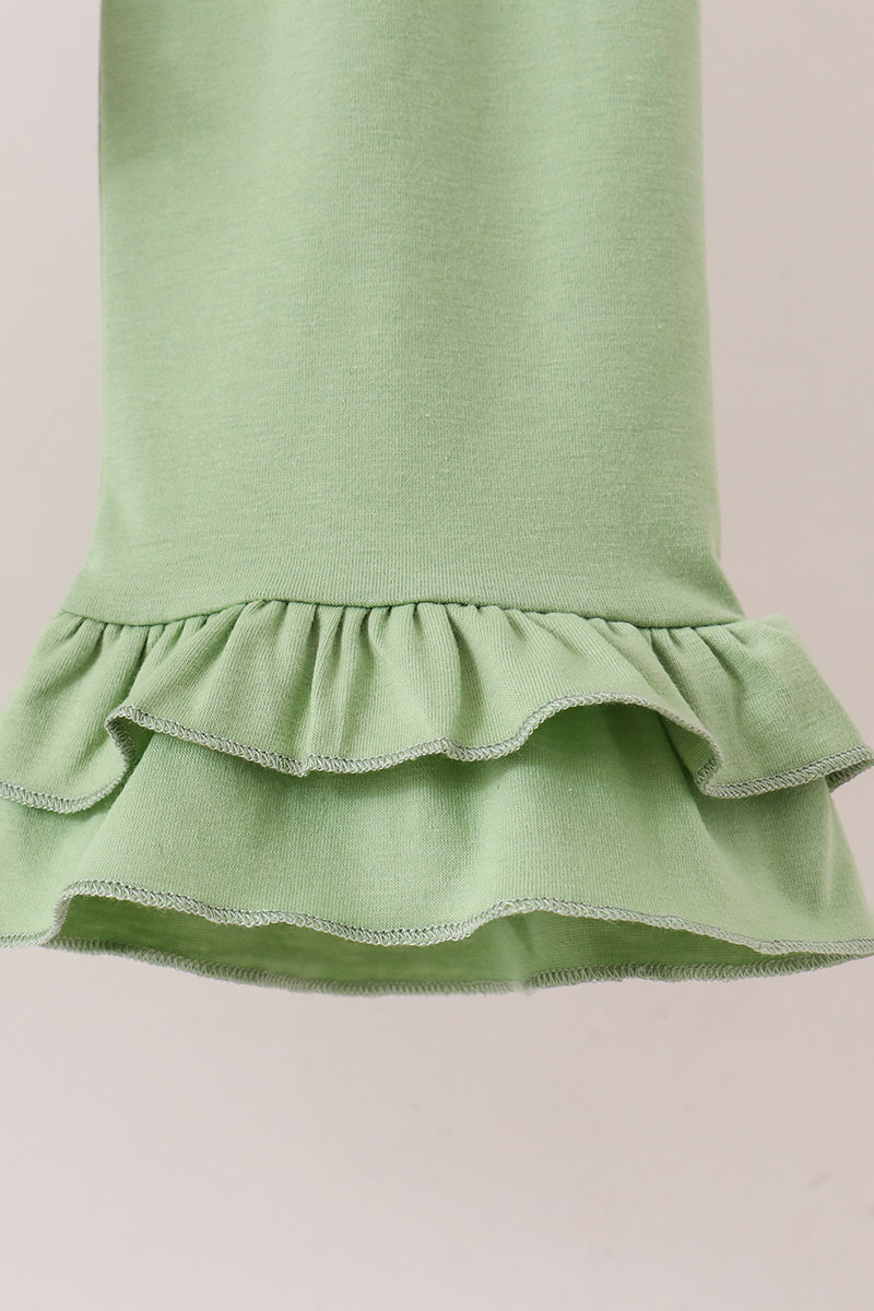 Sage pumpkin embroidery leaves ruffle pants set