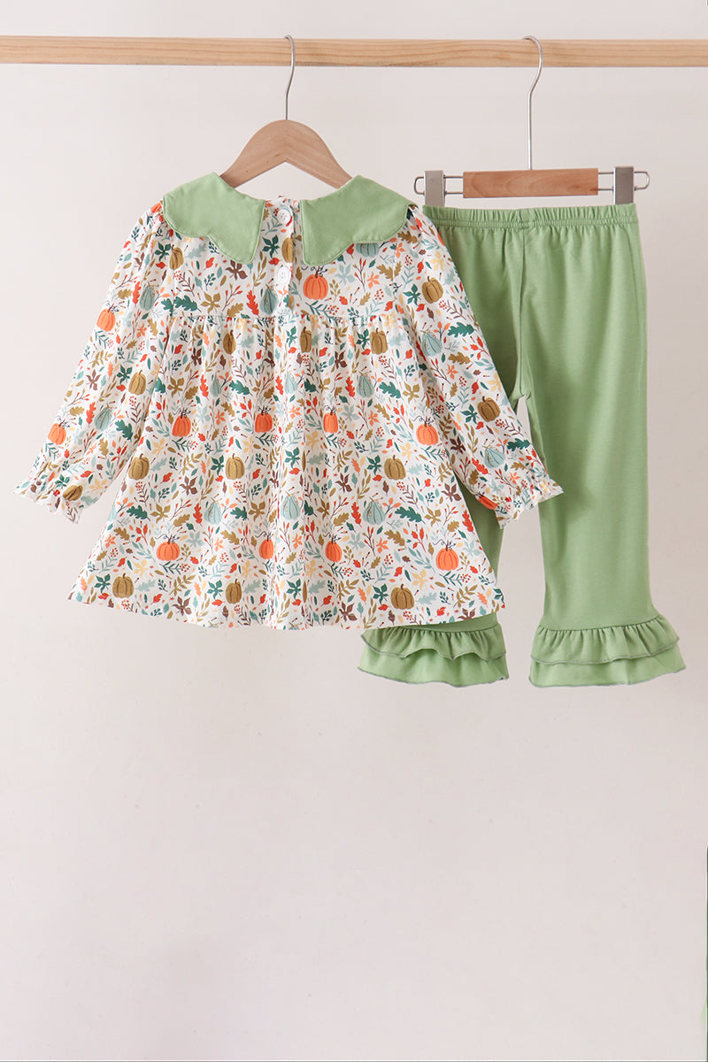 Sage pumpkin embroidery leaves ruffle pants set