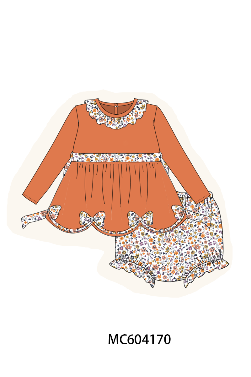 Orange Floral Bow Ruffle Bloomer Set