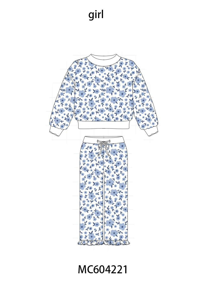 Blue ditsy floral print pants set