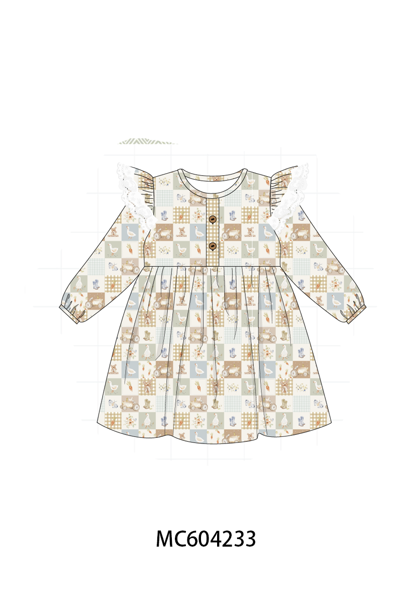 Khaki farm checkered ruffle dress