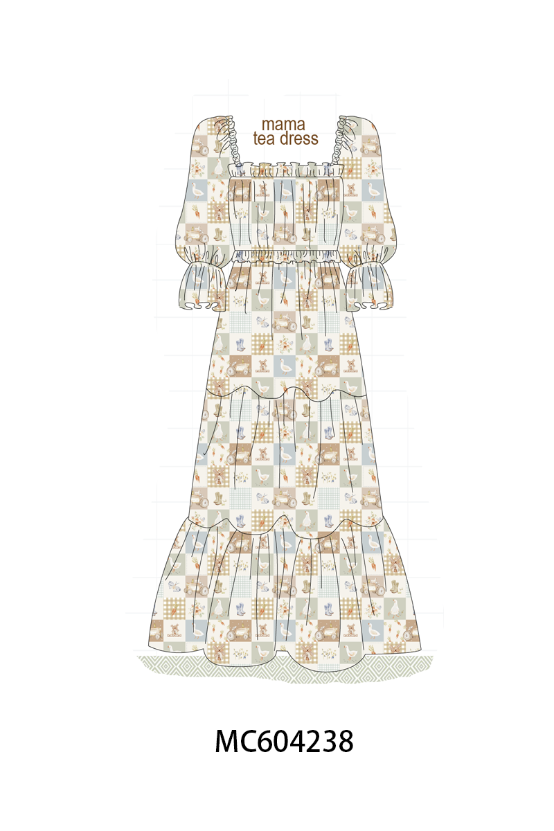 Khaki farm checkered tiered mom dress