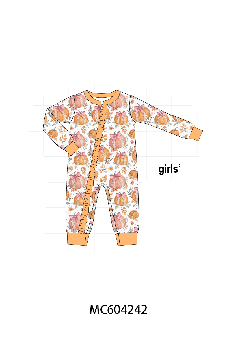 Orange Pumpkin Print Ruffle Romper