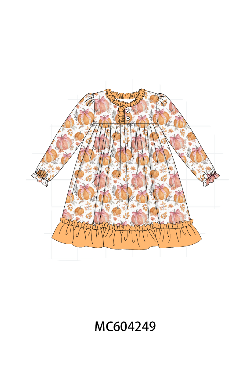 Orange Pumpkin Print Ruffle Dress