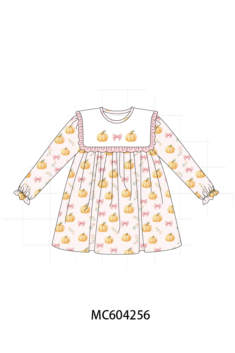 Pink pumpkin bow embroidery ruffle dress