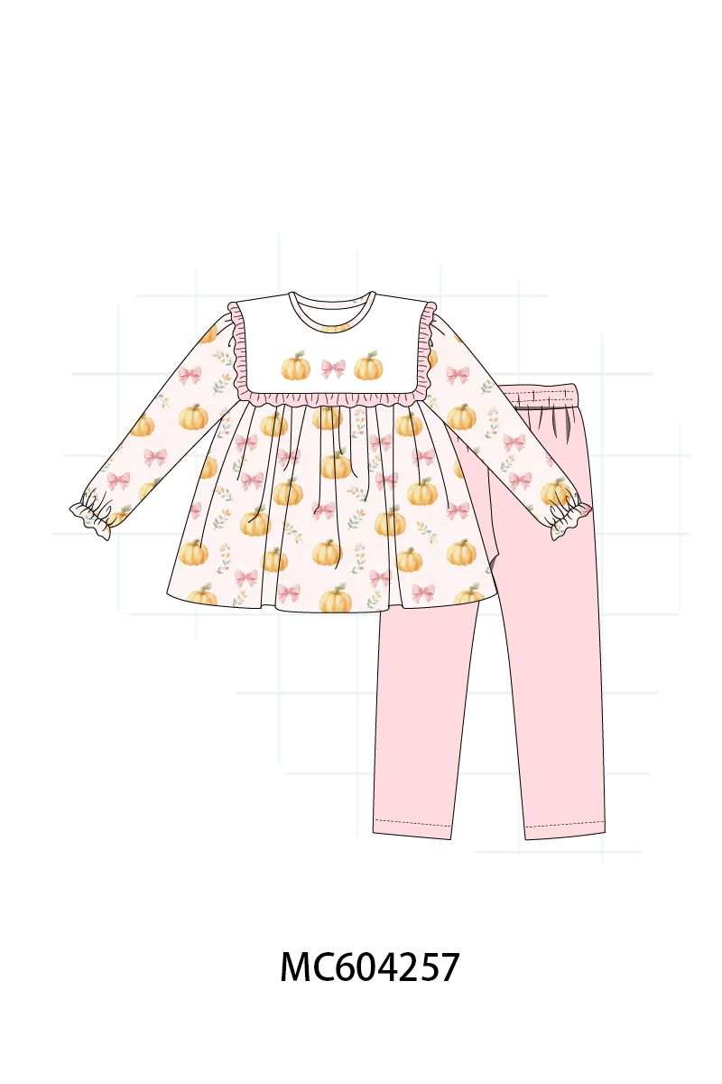 Pink pumpkin bow embroidery ruffle pants set