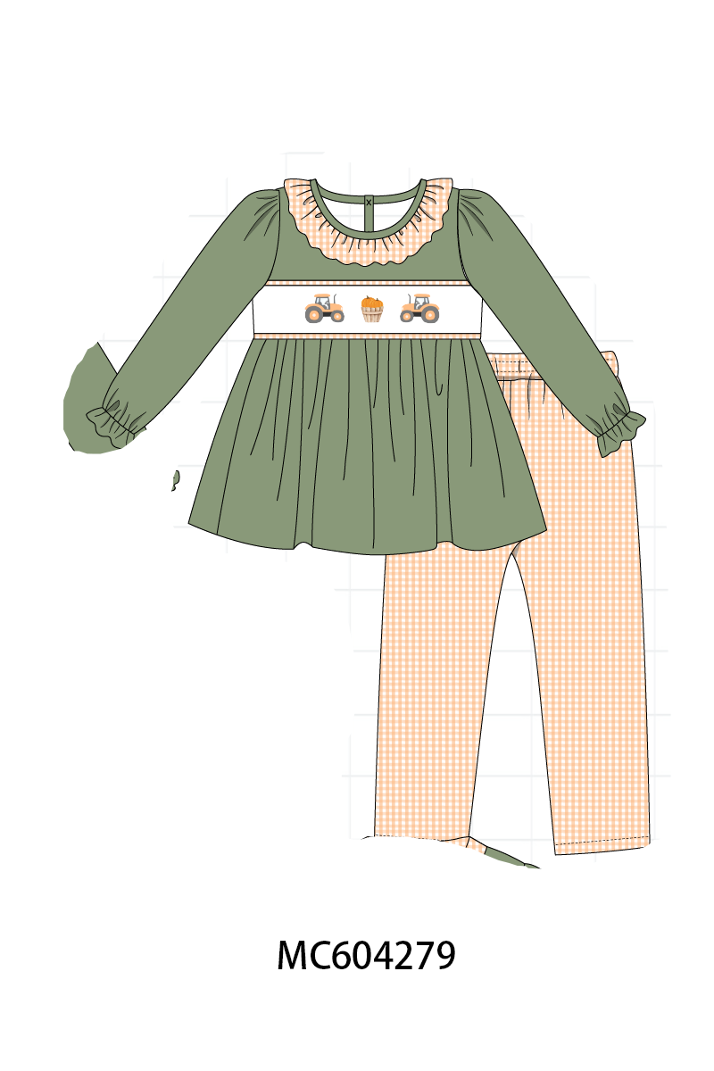 Green farm embroidery ruffle pants set