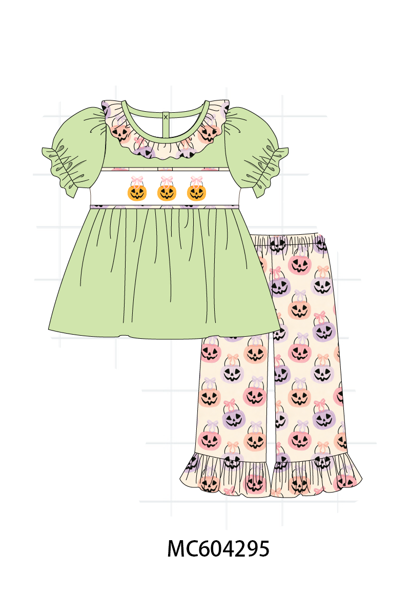 Green Jack-O-Lantern embroidery ruffle pants set