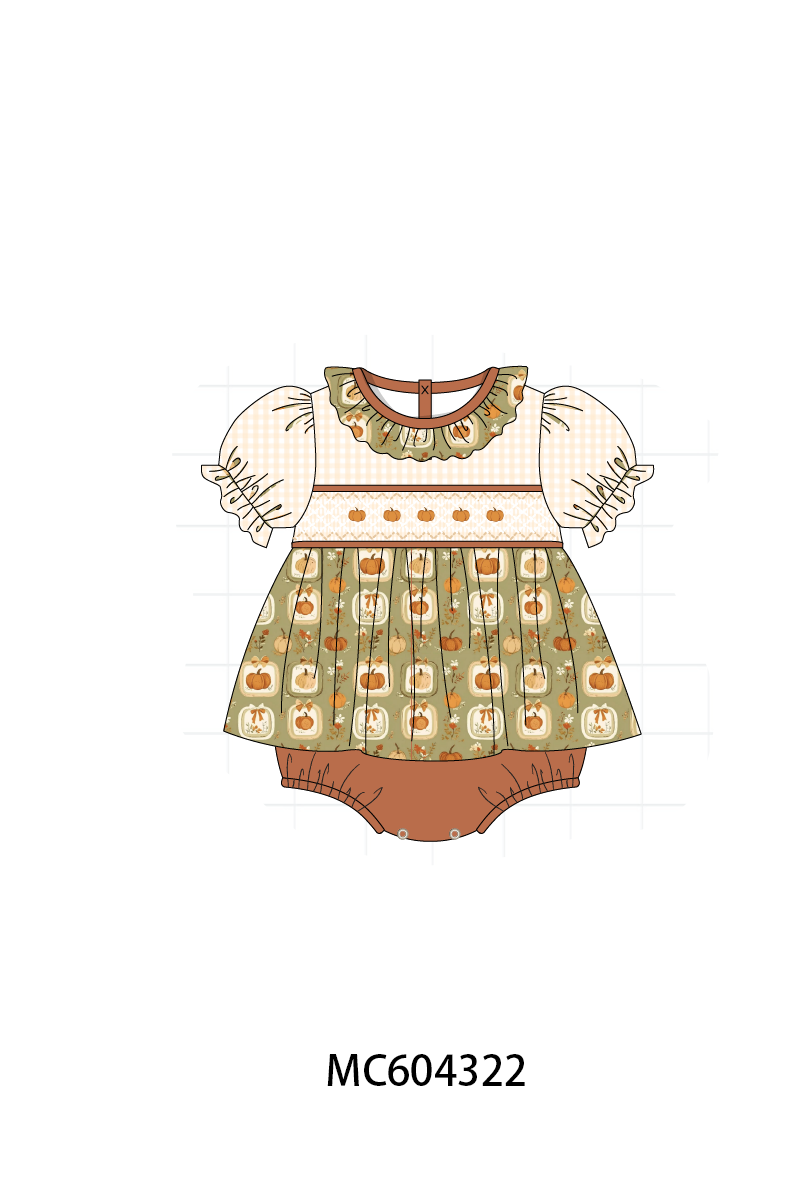 Vintage pumpkin smocked ruffle bubble