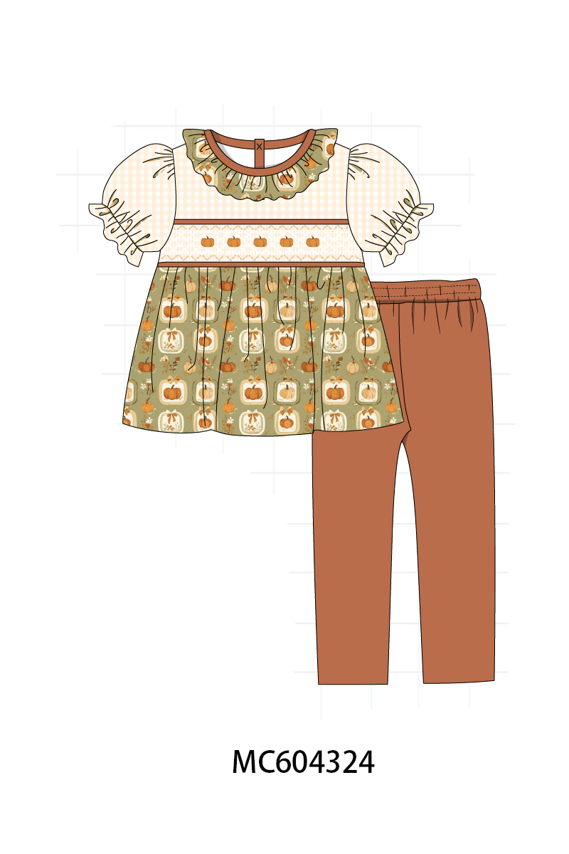 Vintage pumpkin smocked ruffle pants set