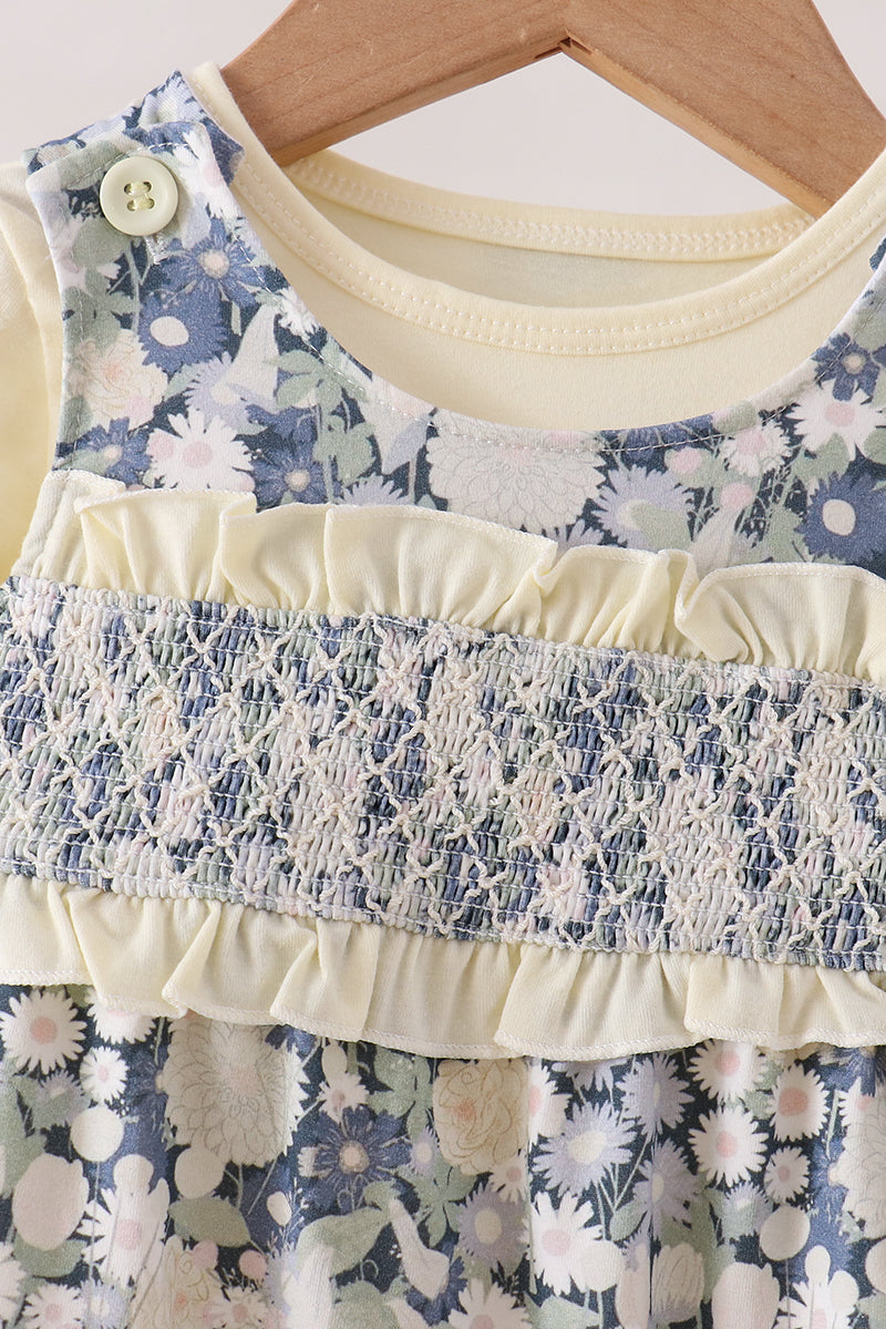 Vintage Floral Smocked Ruffle Romper Set