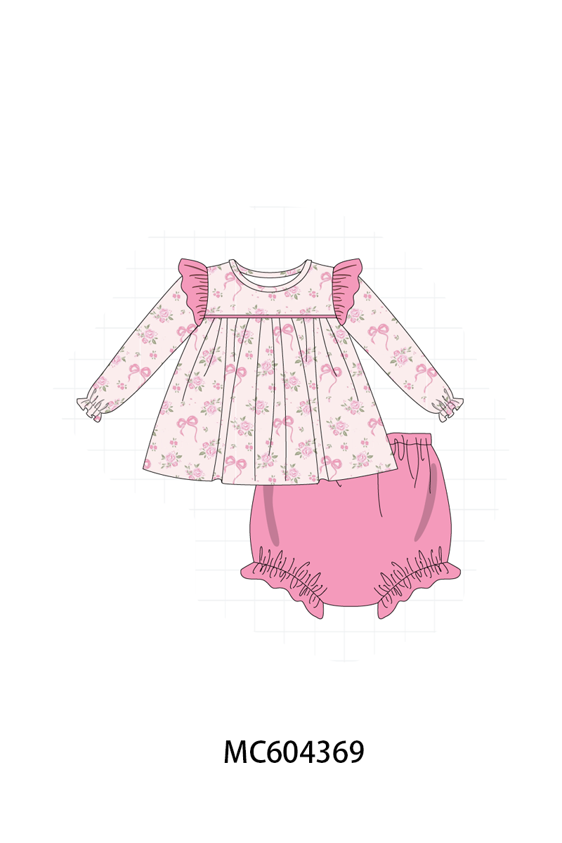 Pink floral bow ruffle bloomer set