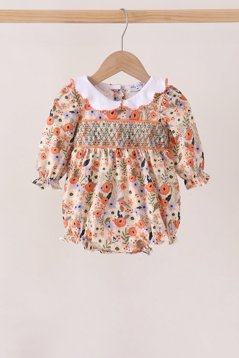 Coral floral smocked bubble