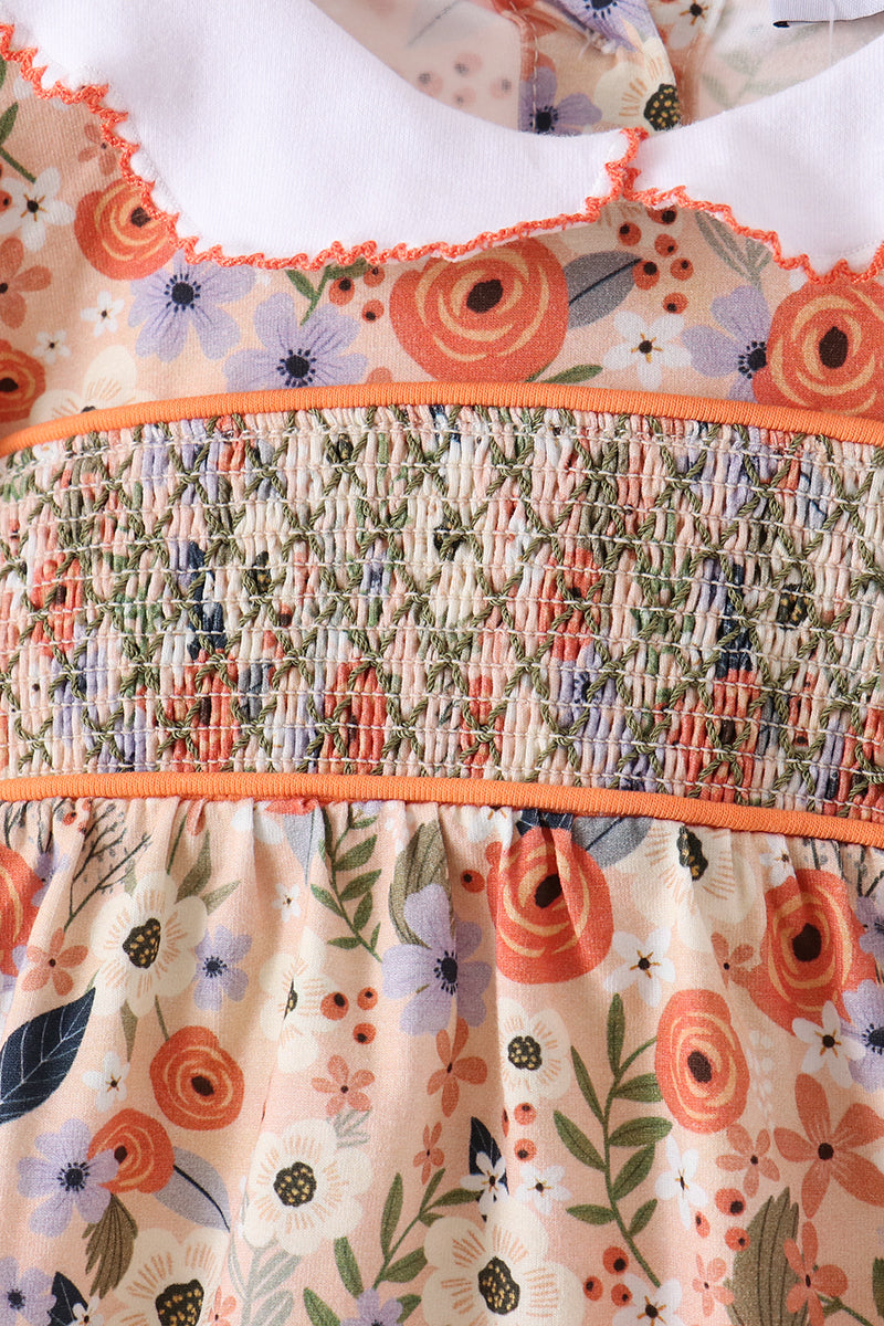 Coral floral smocked bubble