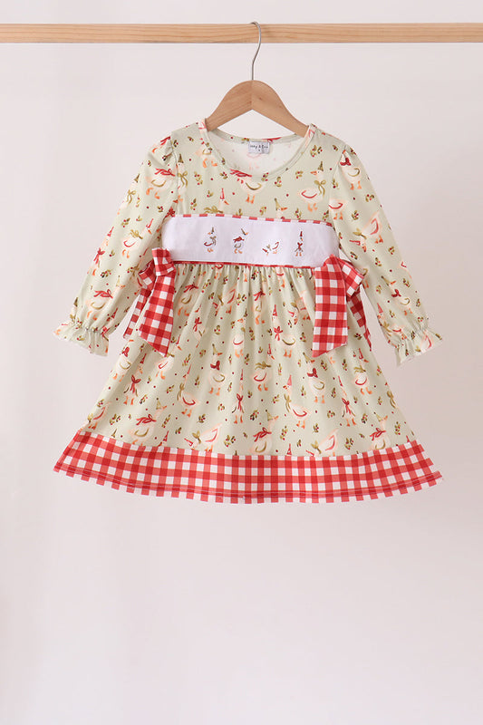 Goose embroidery ruffle gingham dress