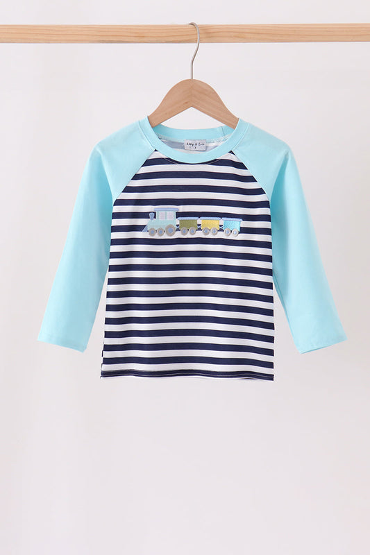 Blue train embroidery stripe top