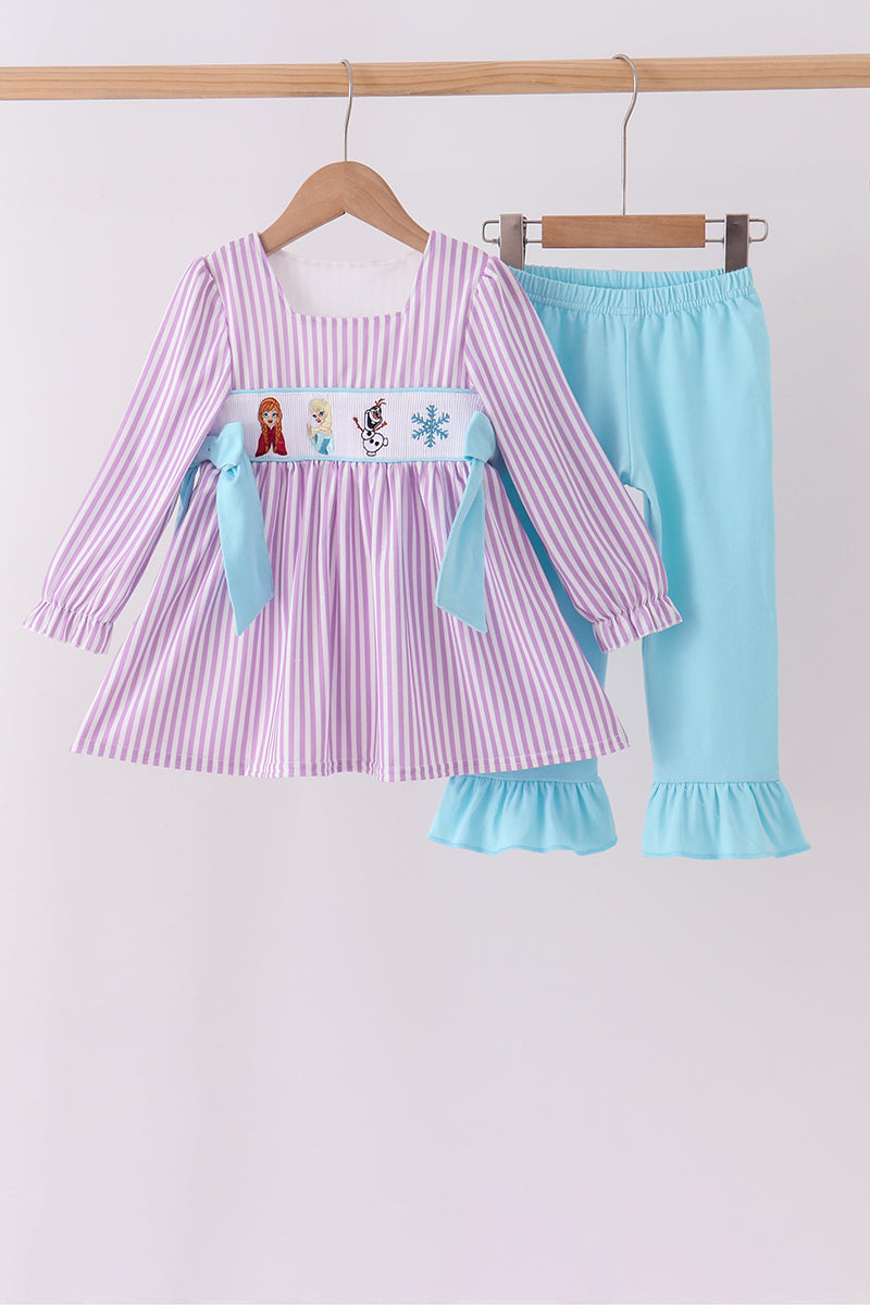 Purple Stripe Frozen Embroidery Ruffle Pants Set