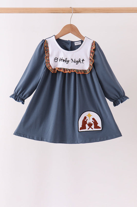 Blue Nativity Embroidery Ruffle Dress