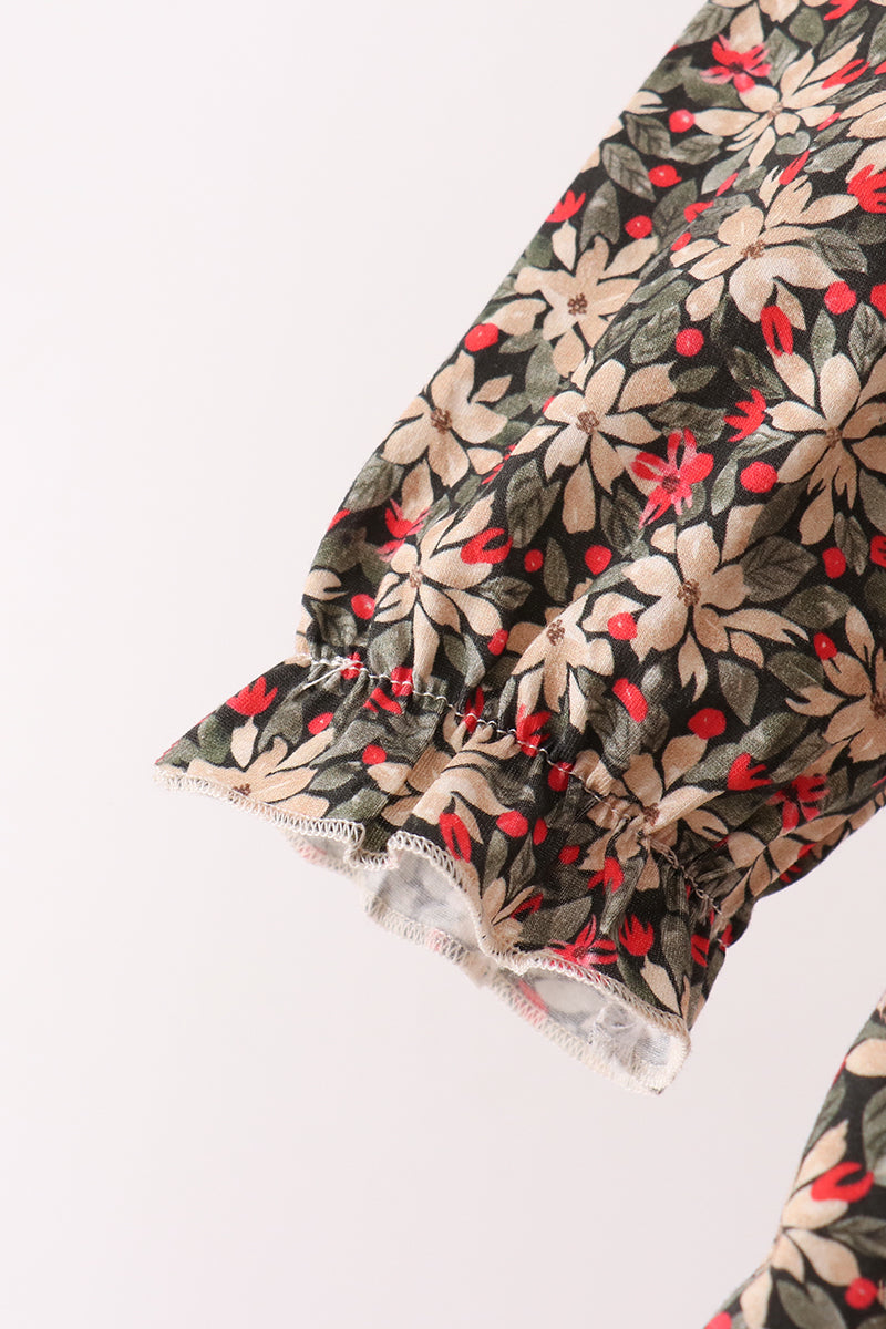 Red Floral Smocked Ruffle Dress