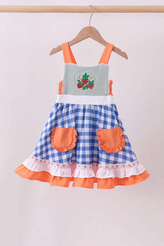 Sage strawberry embroidery ruffle gingham dress