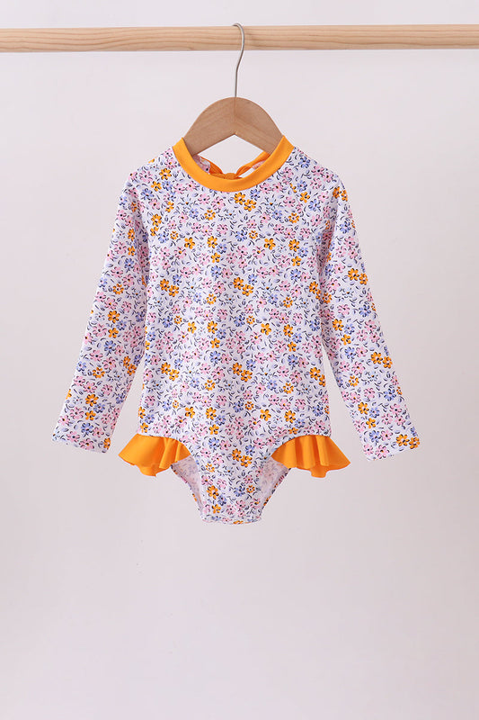 Mustard floral print ruffle rashguard