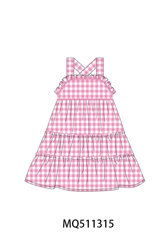 Pink gingham ruffle tiered dress