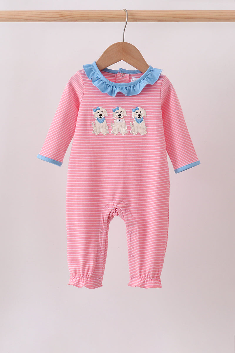 Pink puppy embroidery ruffle romper
