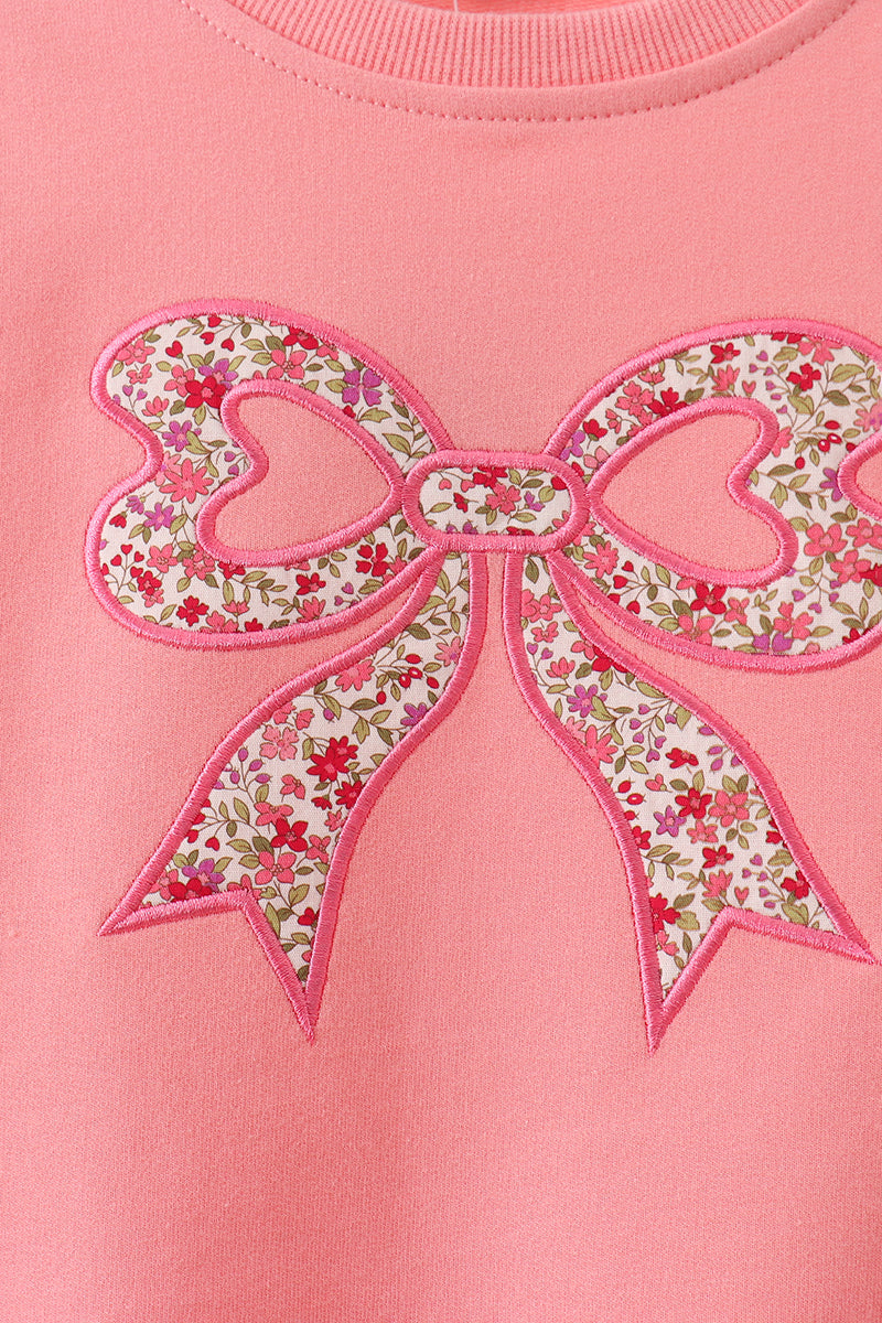 Pink Floral Bow Embroidery Top
