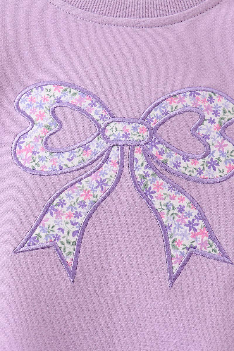 Purple Floral Bow Embroidery Top