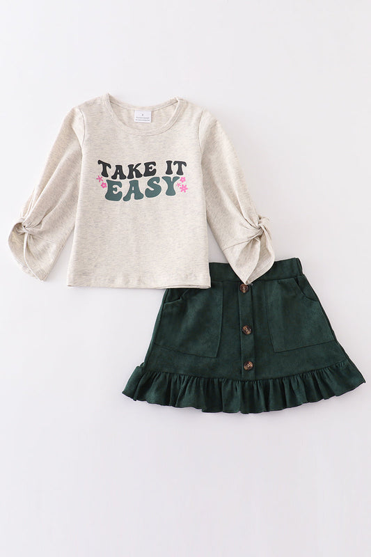 Grey "take it easy" girl skirt set