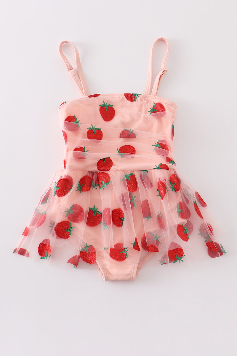 Pink strawberry girl tulle one pcs swimsuit