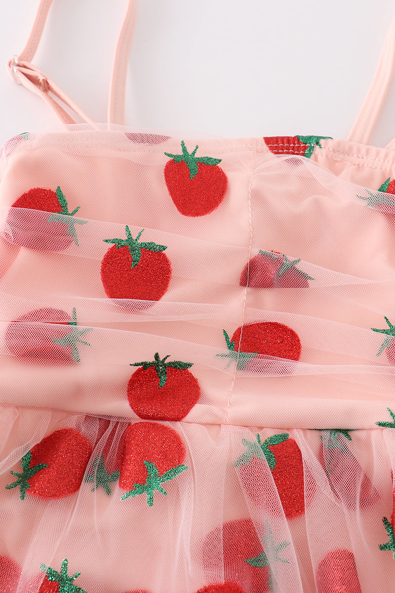 Pink strawberry girl tulle one pcs swimsuit