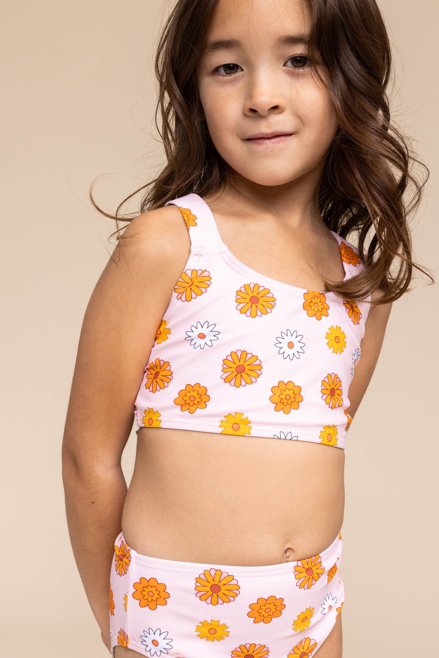 Orange floral print 2pc girl swimsuit (size run small, go up 2-3 sizes)