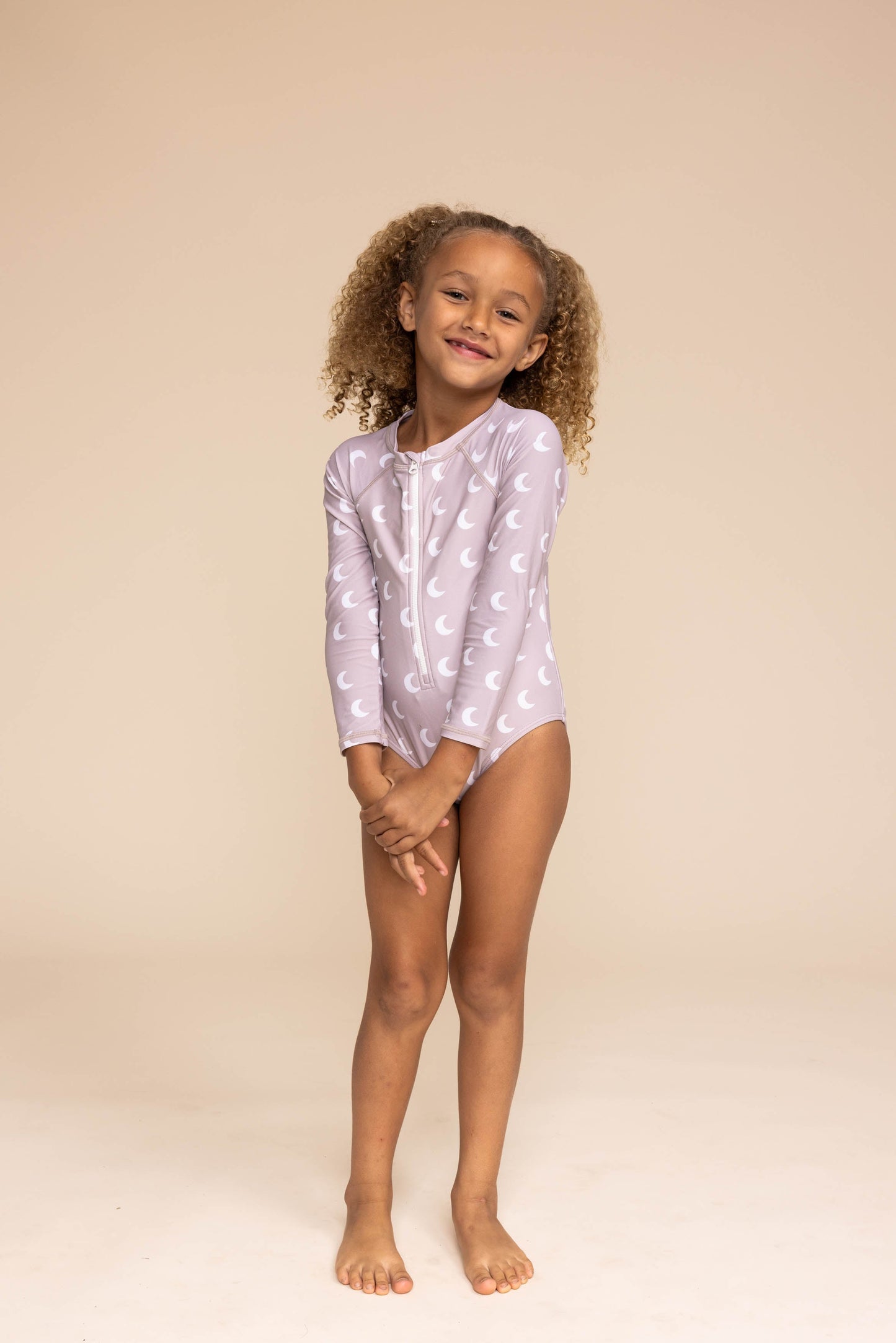 Moon print zip rashguard girl swimsuit